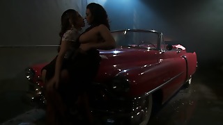 A couple of uber-sexy brunettes have sensuous shag on the red