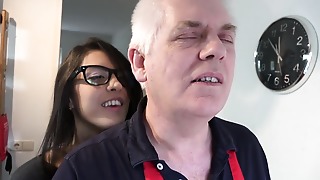 Nerdy dark haired teenage getting pulverized well by senior dude