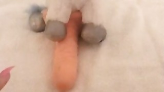 Loud teenage with clean-shaved vulva bursts all over teddy grizzly then nails dildo