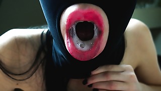 Teen  balls, blowjob and gets mouthhole of spunk in bondage & discipline mask 4K ULTRA