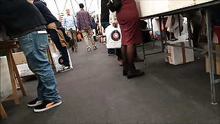 Candid stunner In ebony tights and Boots