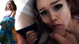 Stepbrother Facefucks Babe, Hard Doggy Fucks her, Cum on Ass