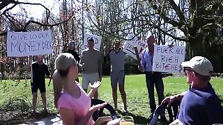 Amateur blond woman group-fucked by five grandpas outdoors